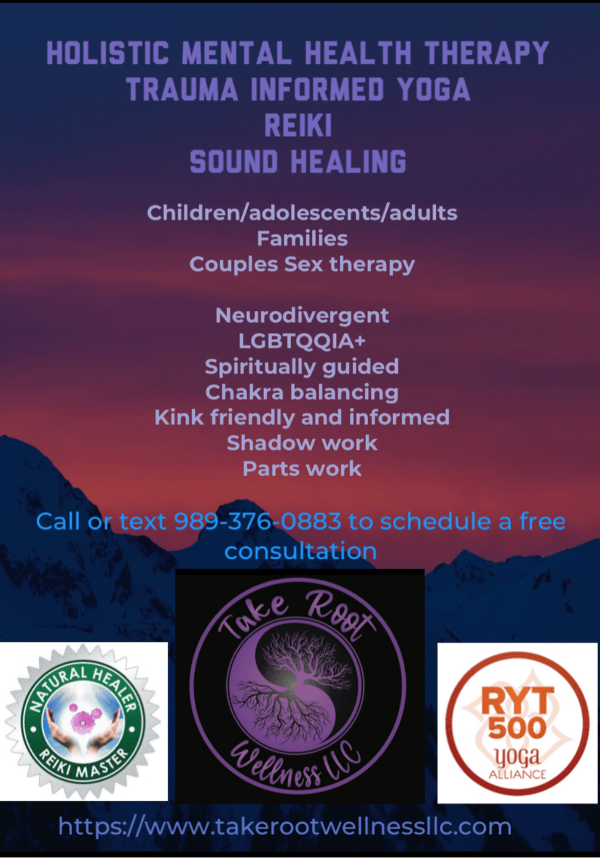 Text listing holistic mental health therapies, services, and contact information on a dark background with logos at the bottom.