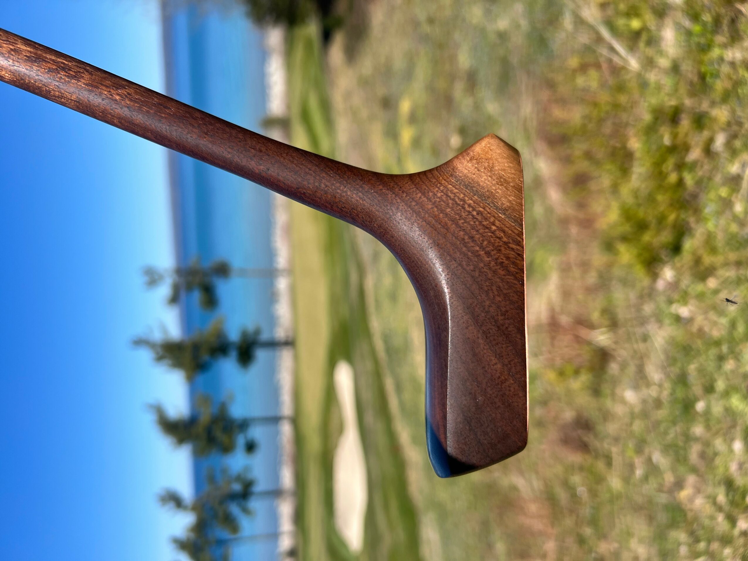 Golf club head on grass with trees and blue sky in background.