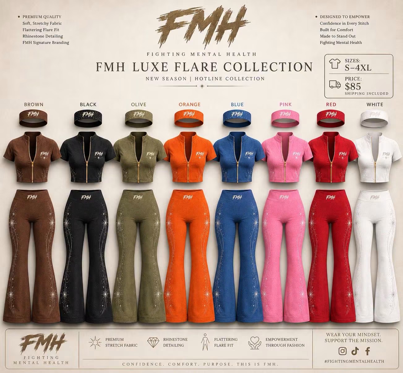 Display of 12 mannequins wearing colorful loungewear sets in various colors including brown, black, olive, orange, blue, pink, red, and white.