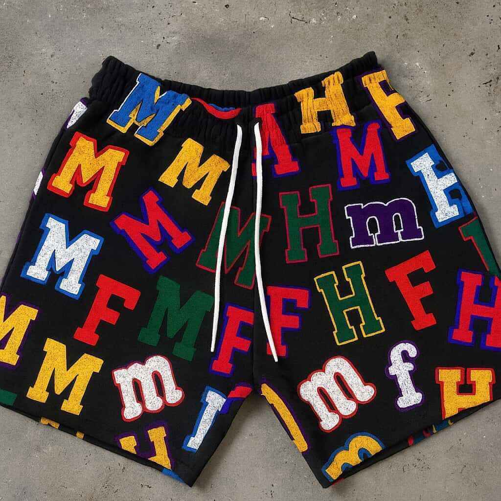 Black shorts with colorful letter M, F, H, and other characters in various colors and sizes.