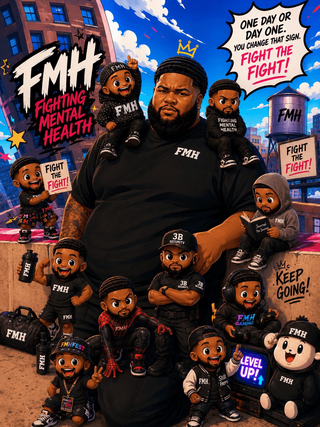 Man surrounded by cartoon characters and signs promoting mental health awareness and fighting stigma, with a cityscape background.
