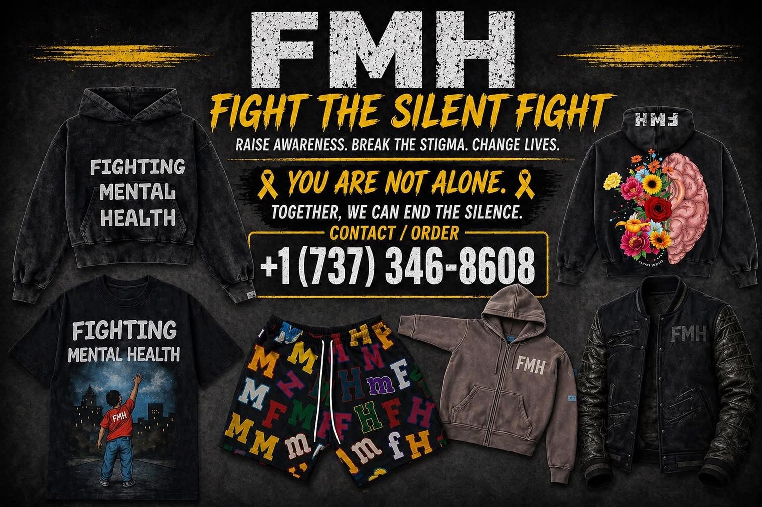 Promotional flyer for mental health awareness with clothing items, flowers, and a person holding a sign, emphasizing fighting mental health stigma.