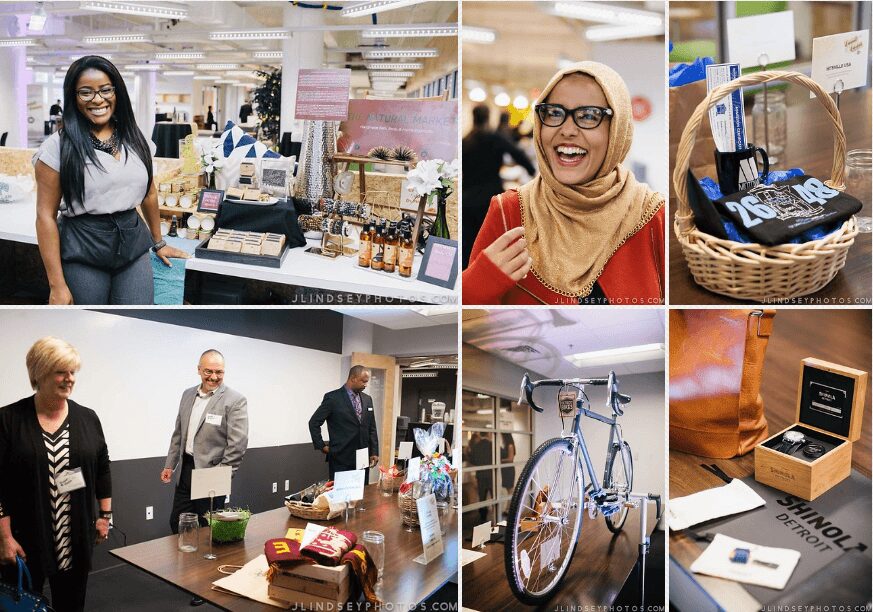 Six images: a woman at a store, a woman smiling, a basket with items, people at a table, a bicycle, and a box with a label.