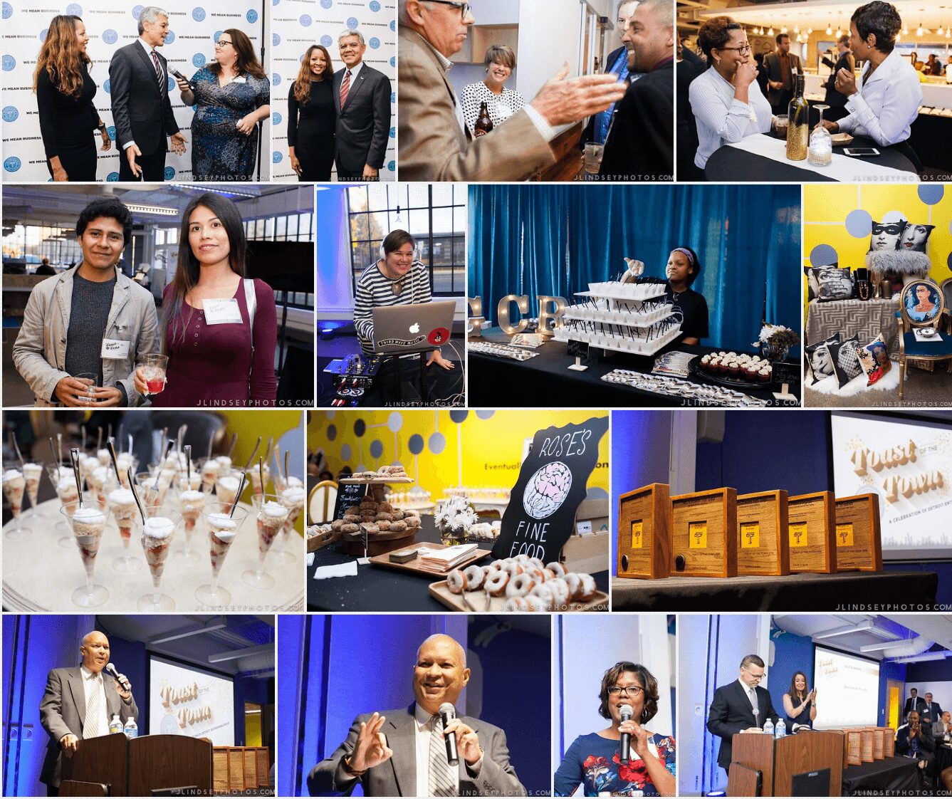 Group of people at a formal event, some speaking at a podium, others socializing, and a dessert table with cupcakes.