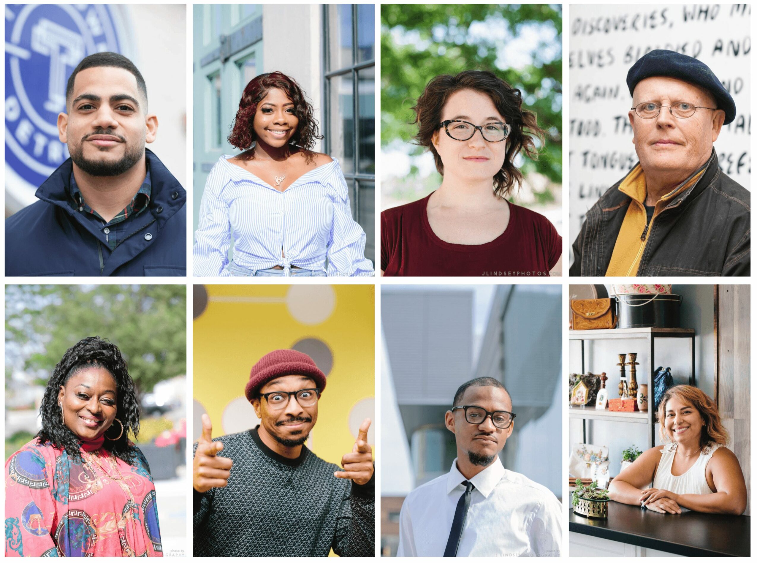 Collage of eight diverse people, some smiling, in various settings including outdoors, indoors, and a library.