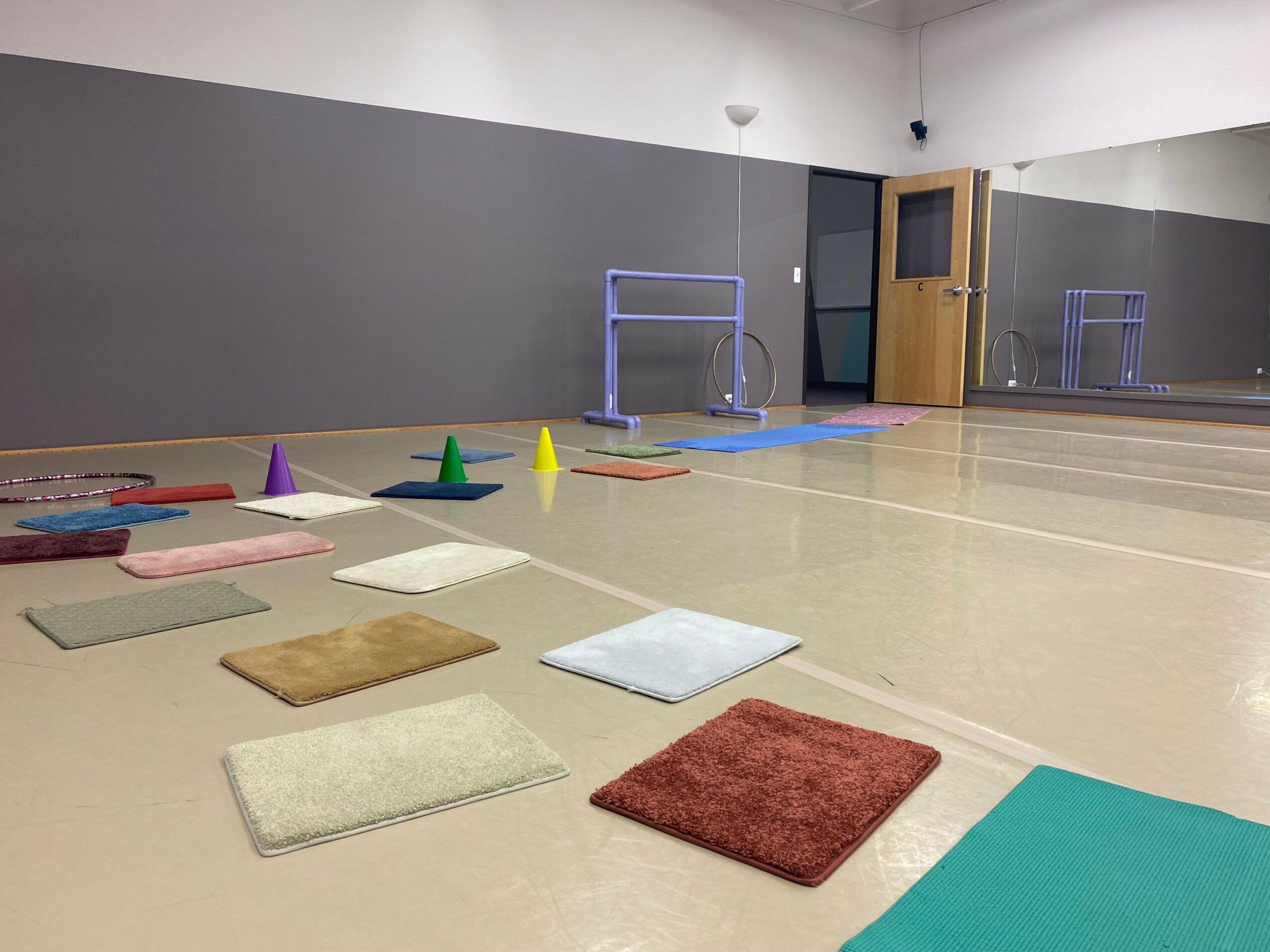 Indoor exercise room with mats, cones, and small hurdles arranged on the floor, mirrored wall, and a door.