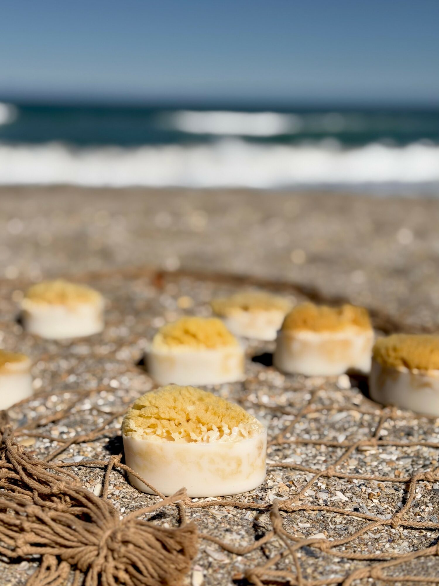 Sea beach with scattered small round baked goods on the sand, ocean waves in the background, clear sky, sunny day.
