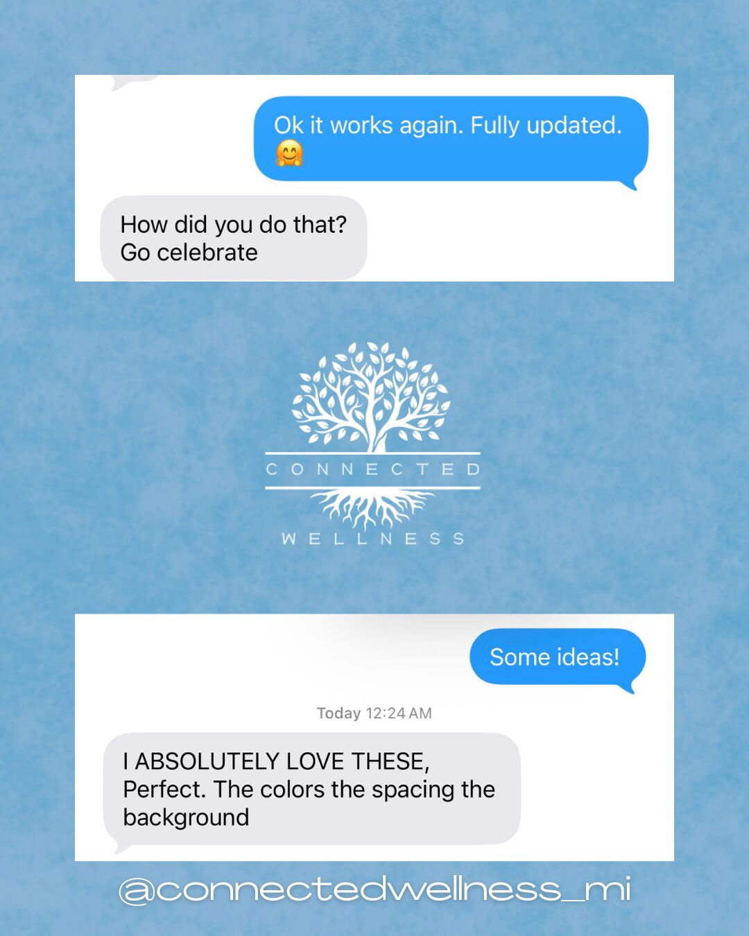 Screenshot of a messaging conversation with a logo of a tree and the text '@connectedwellness_mi' below it.