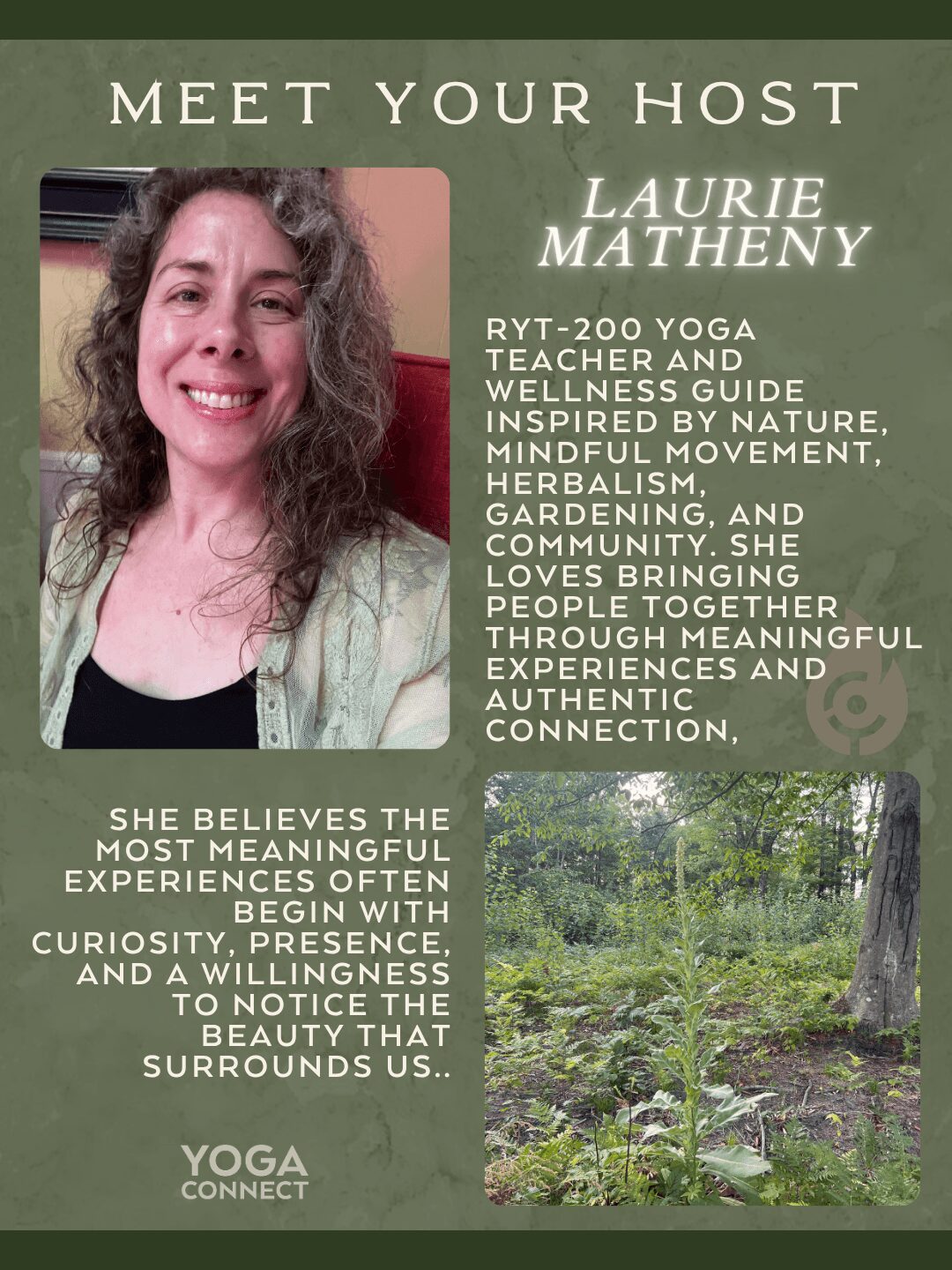 Portrait of Laurie Matheny with curly hair smiling, green background, and a nature scene with trees and grass. Text describes her yoga and wellness work.
