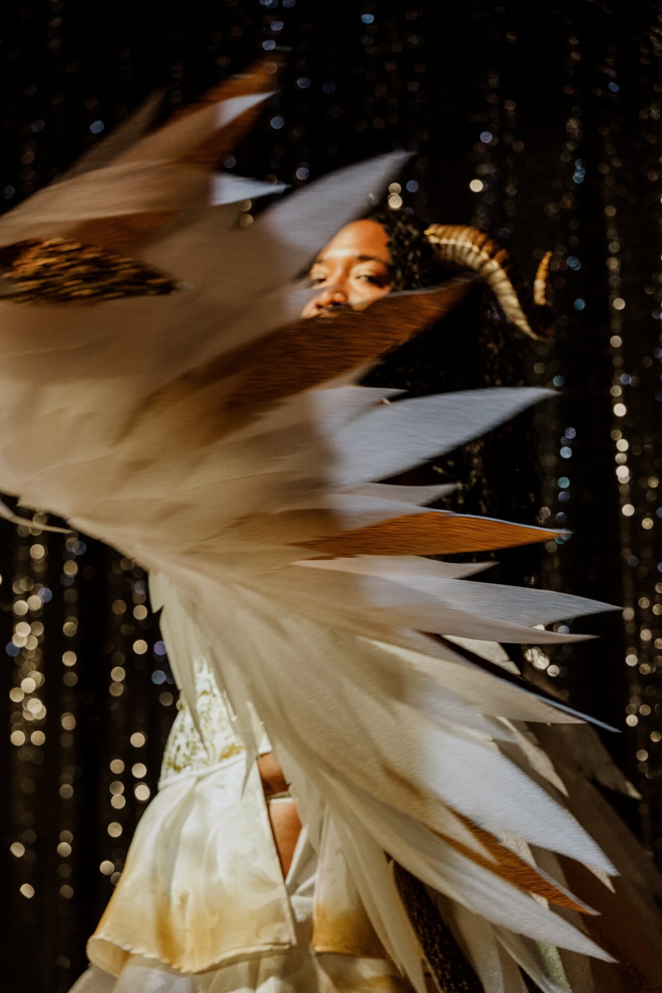 Person with elaborate feathered costume and headpiece, partially obscured by large feathers, against a dark background with lights.