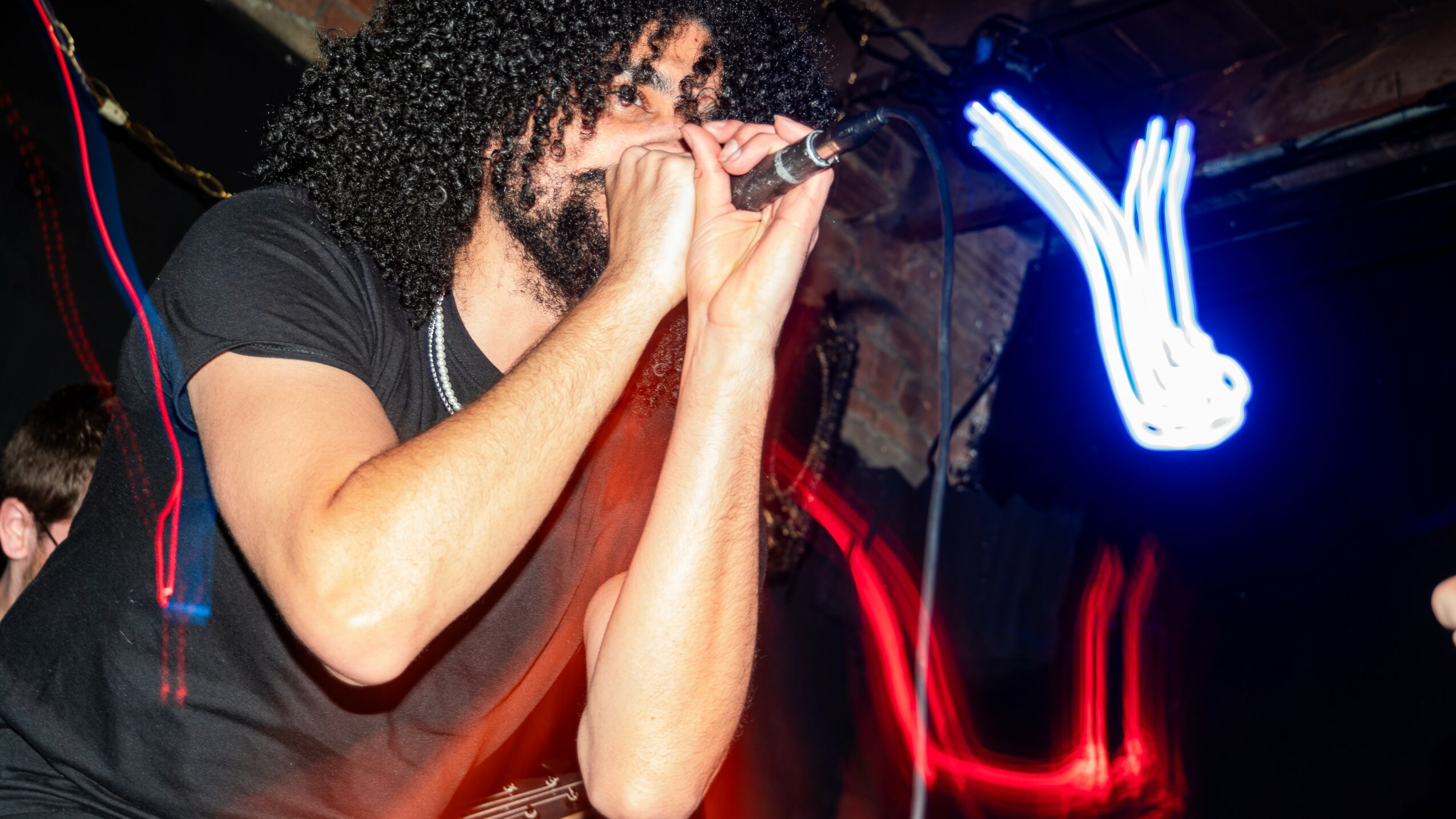 Person with curly hair singing into a microphone on stage with colorful lights in the background.