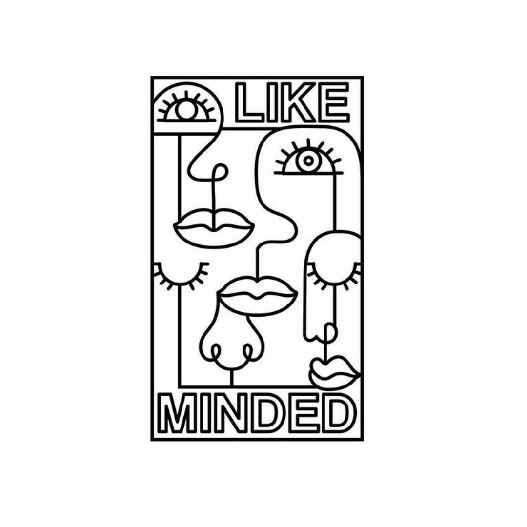 Line drawing of a face with eyes, nose, and lips, with the words LIKE and MINDED at the top and bottom.