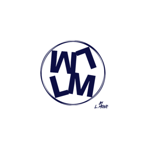 Dark background with a blue circular logo containing stylized letters, and a signature in the bottom right corner.