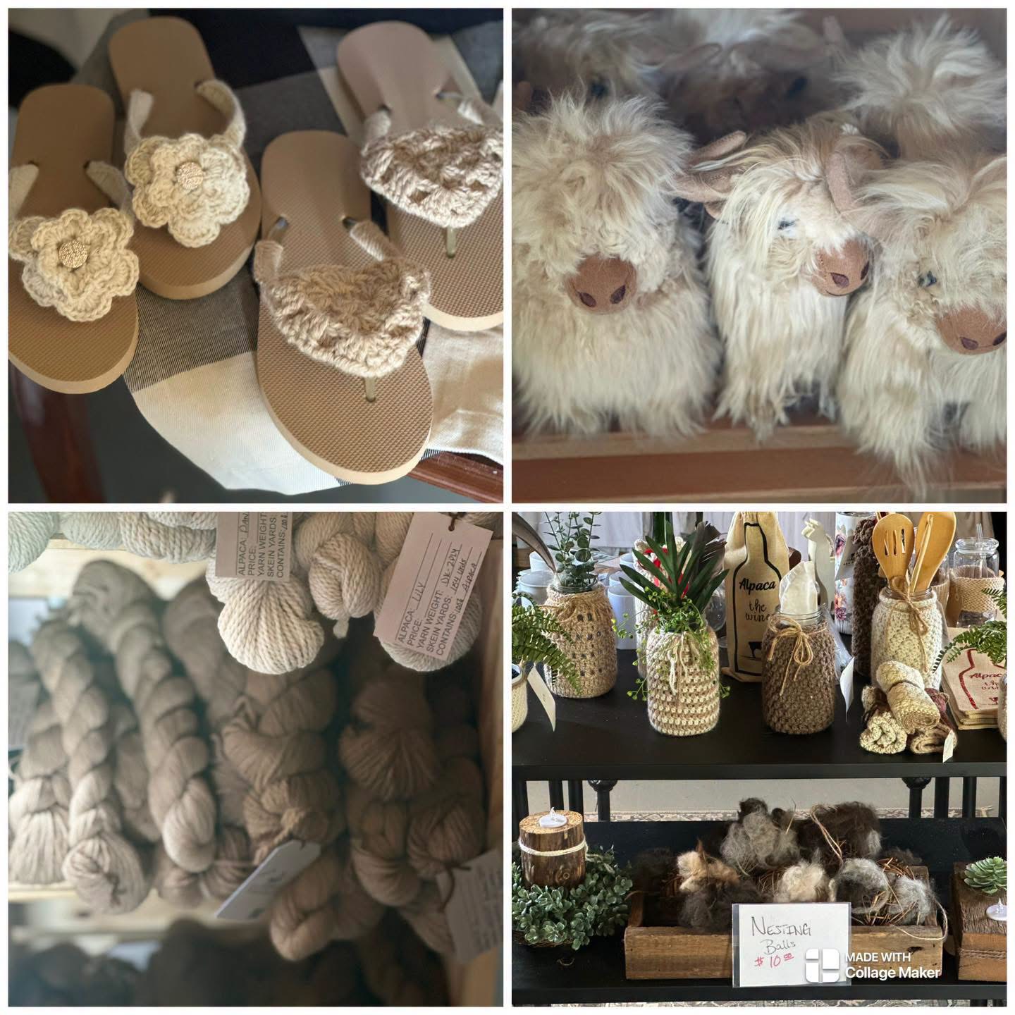 Top left: decorated cardboard boxes with lace, top right: close-up of fluffy dogs' faces, bottom left: yarn balls, bottom right: potted plants and decorative items on shelves