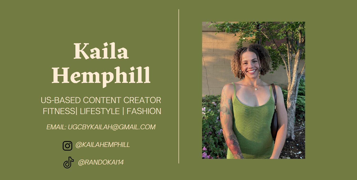 Business card with name, profession, contact info, and a photo of a smiling woman outdoors in a green dress.