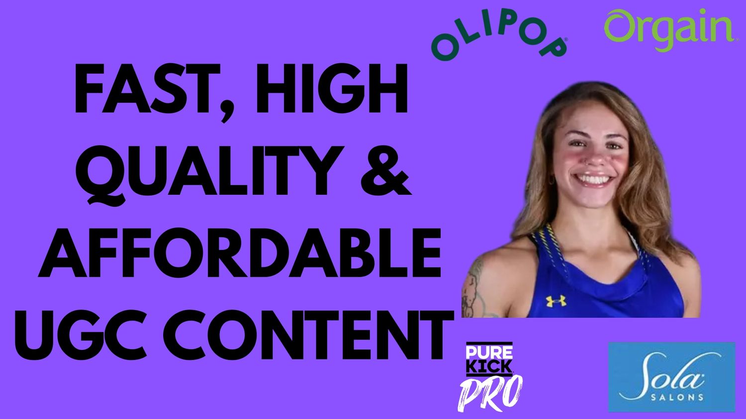 Smiling young woman in blue sportswear on purple background with text about UGC content and logos.