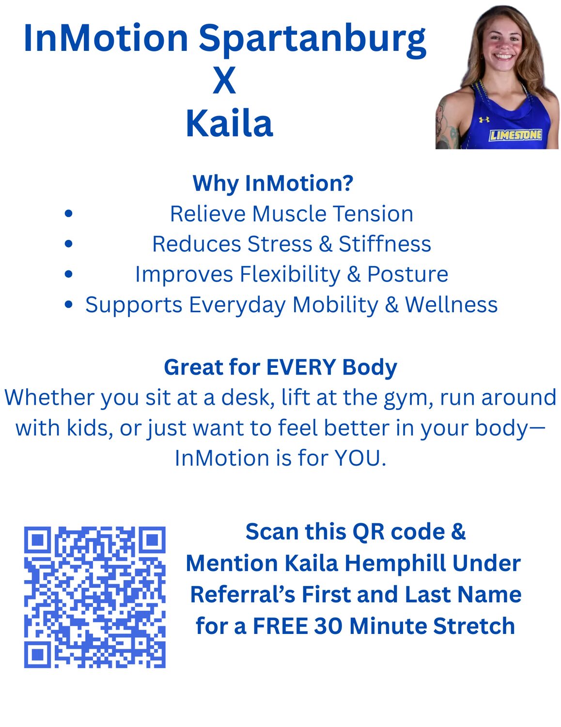 Poster promoting InMotion Spartanburg and Kaila, highlighting benefits like muscle tension relief and flexibility, with a photo of a smiling woman in sportswear, and a QR code. Word count: 44, Confidence: 0.95