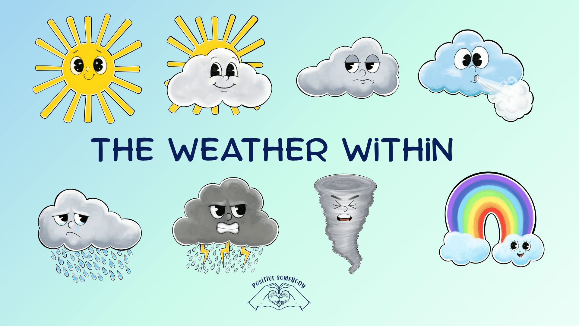 Eight weather-themed cartoon characters with smiling faces, including sun, clouds, tornado, and rainbow, above the text 'The Weather Within'.