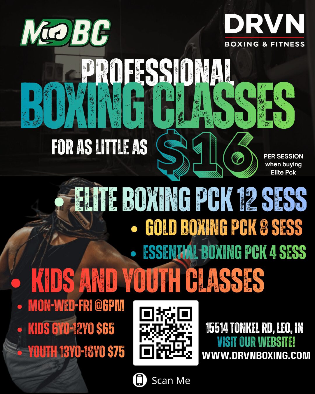 Boxing classes advertisement with text about professional boxing, kids, and youth classes, and a QR code at the bottom.
