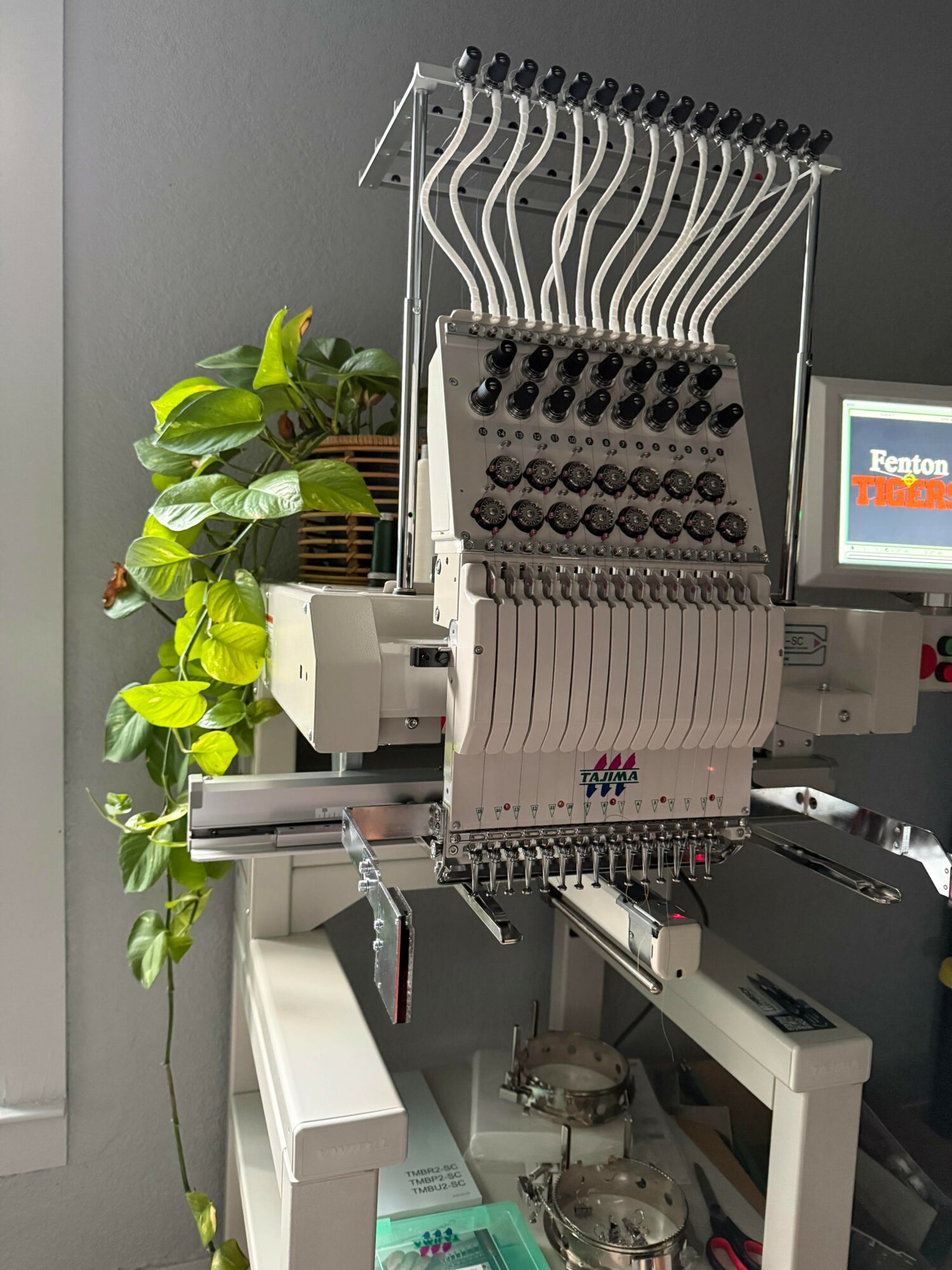 Embroidery machine with multiple threads and a monitor, next to a green leafy plant, against a gray wall.