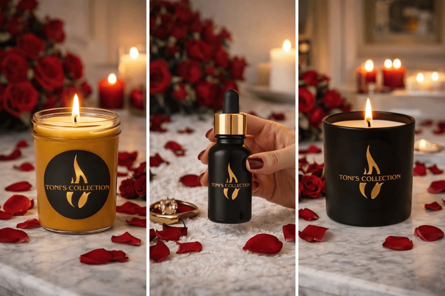 Three candles with black and gold packaging, surrounded by rose petals and candles, on a white surface with roses in background.
