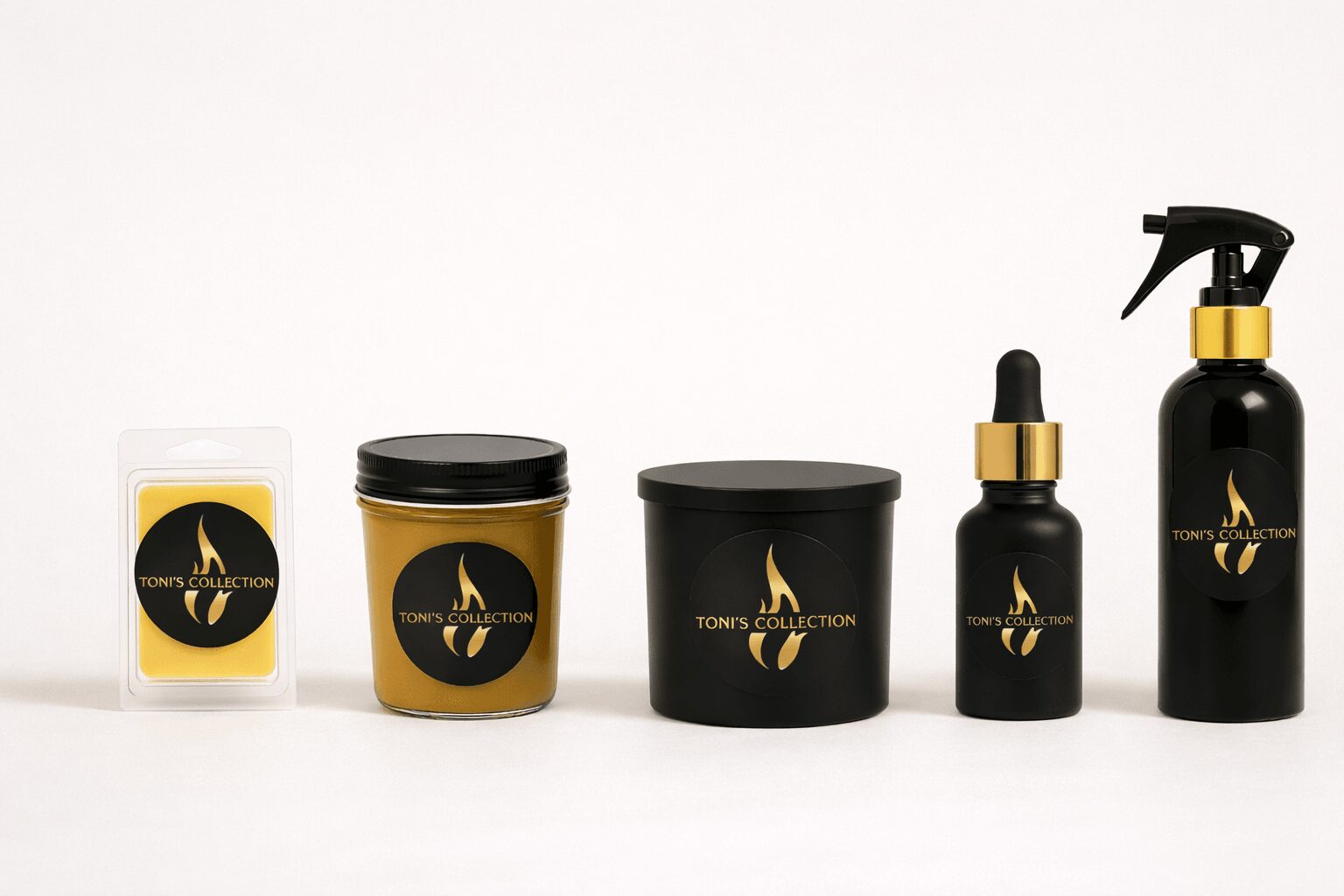 Five black and gold cosmetic containers with a flame logo, arranged in a row on a white background.