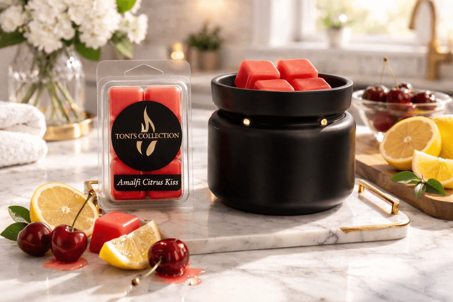 Black bowl with red wax melts on a marble surface, surrounded by cherries, lemon slices, and a candle, with flowers in the background.