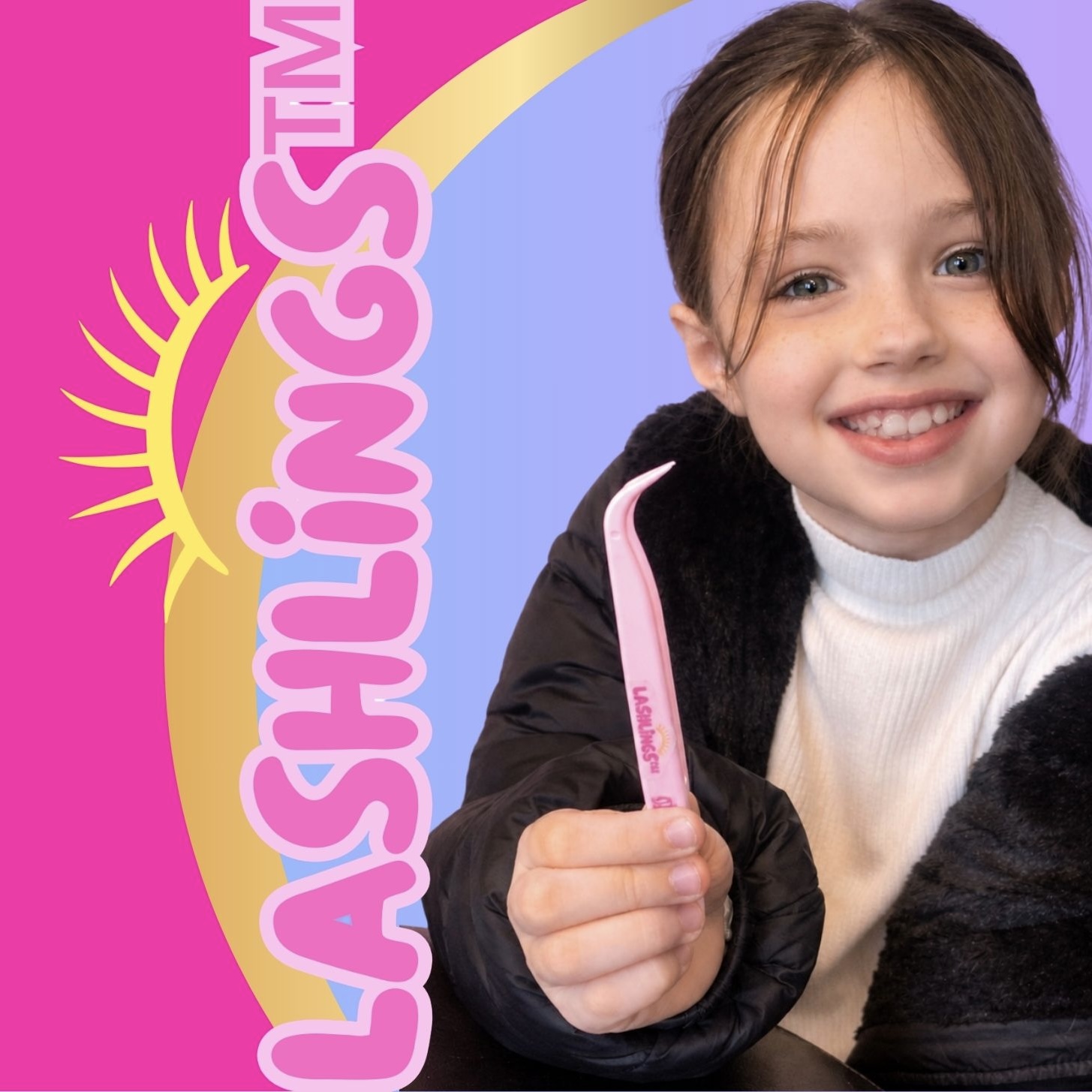 Young girl smiling, holding a pink toothbrush, with colorful background and text. Word count: 20.