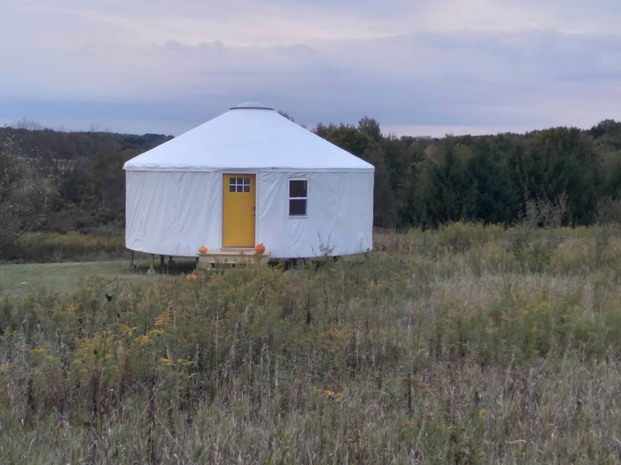 White yurt with yellow door and small window, surrounded by grassy field and trees, under cloudy sky.