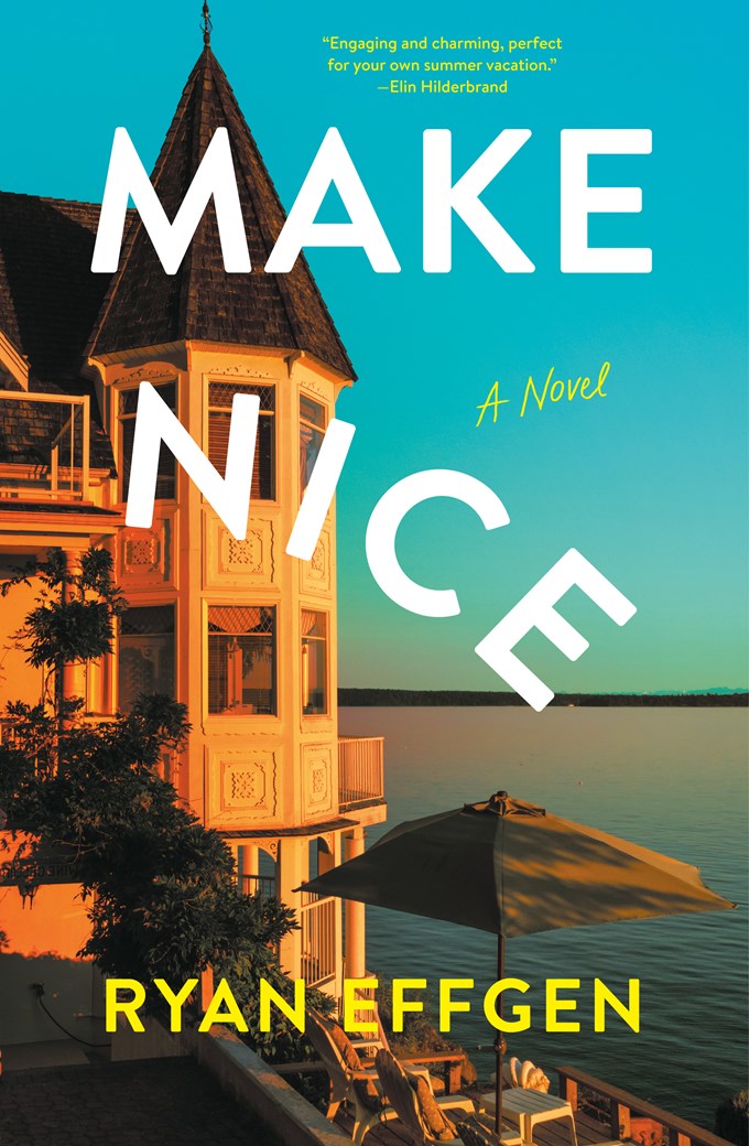 Book cover with a lakeside scene, a tower, and an umbrella, featuring the title 'Make Nice' and author's name Ryan Effgen.
