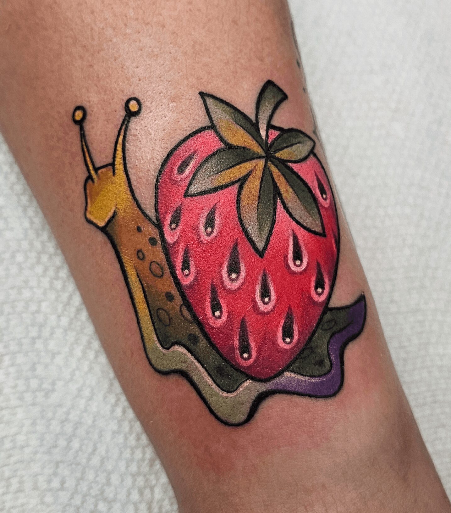 Colorful snail with a strawberry shell and green leaves on top, on skin. Bright, cartoonish style. Word count: 20.