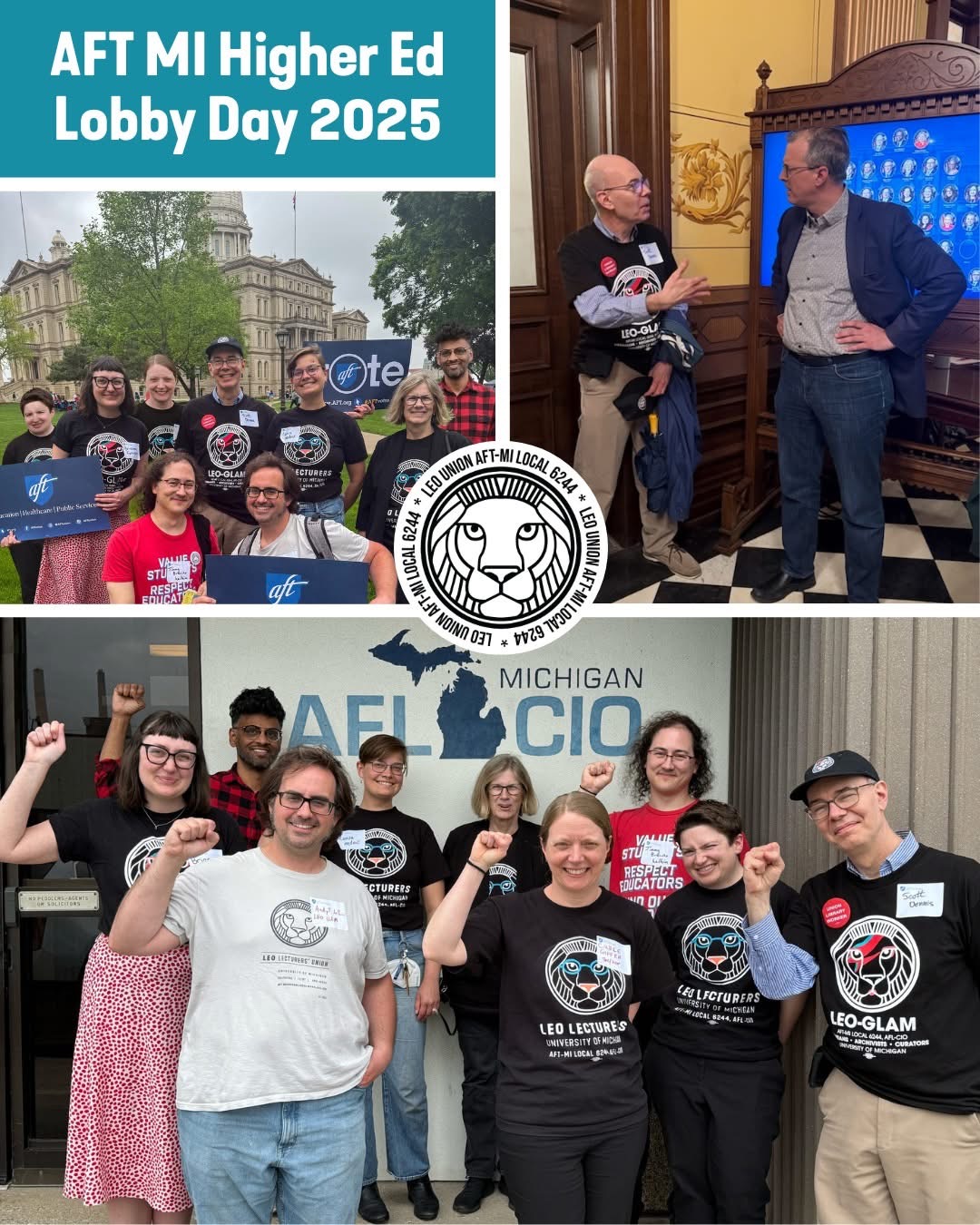 Group of people at Michigan Higher Ed Lobby Day 2025, some wearing matching shirts, indoors and outdoors, smiling and raising fists.