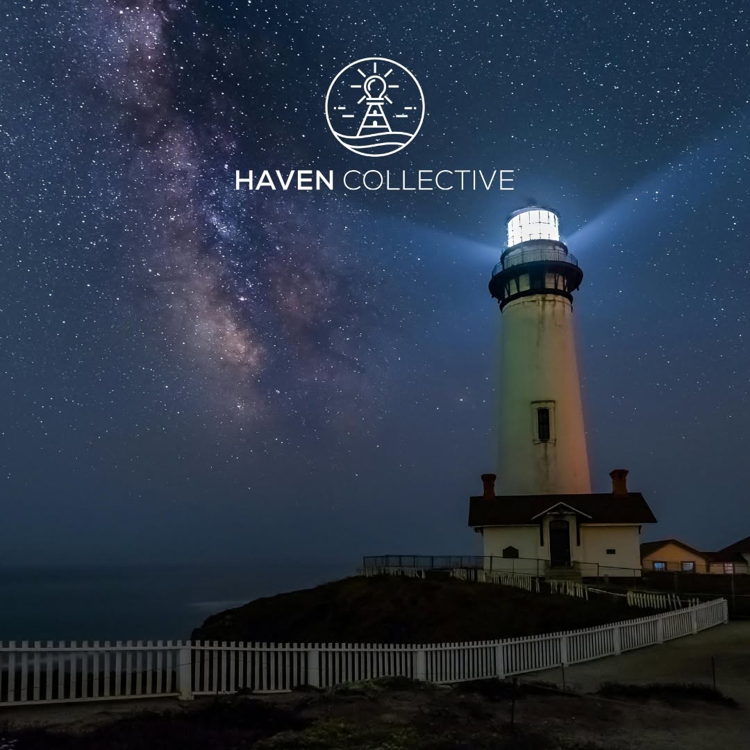 Lighthouse shining light into night sky with stars and Milky Way, HAVEN COLLECTIVE logo above, fence in foreground