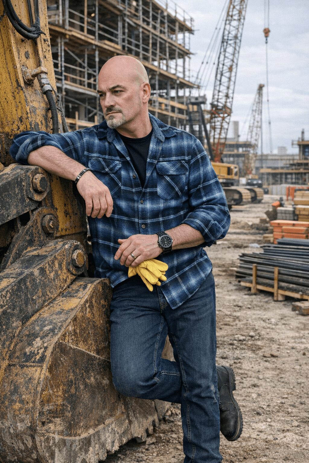 Man leaning against construction equipment at a building site with cranes and materials in the background.