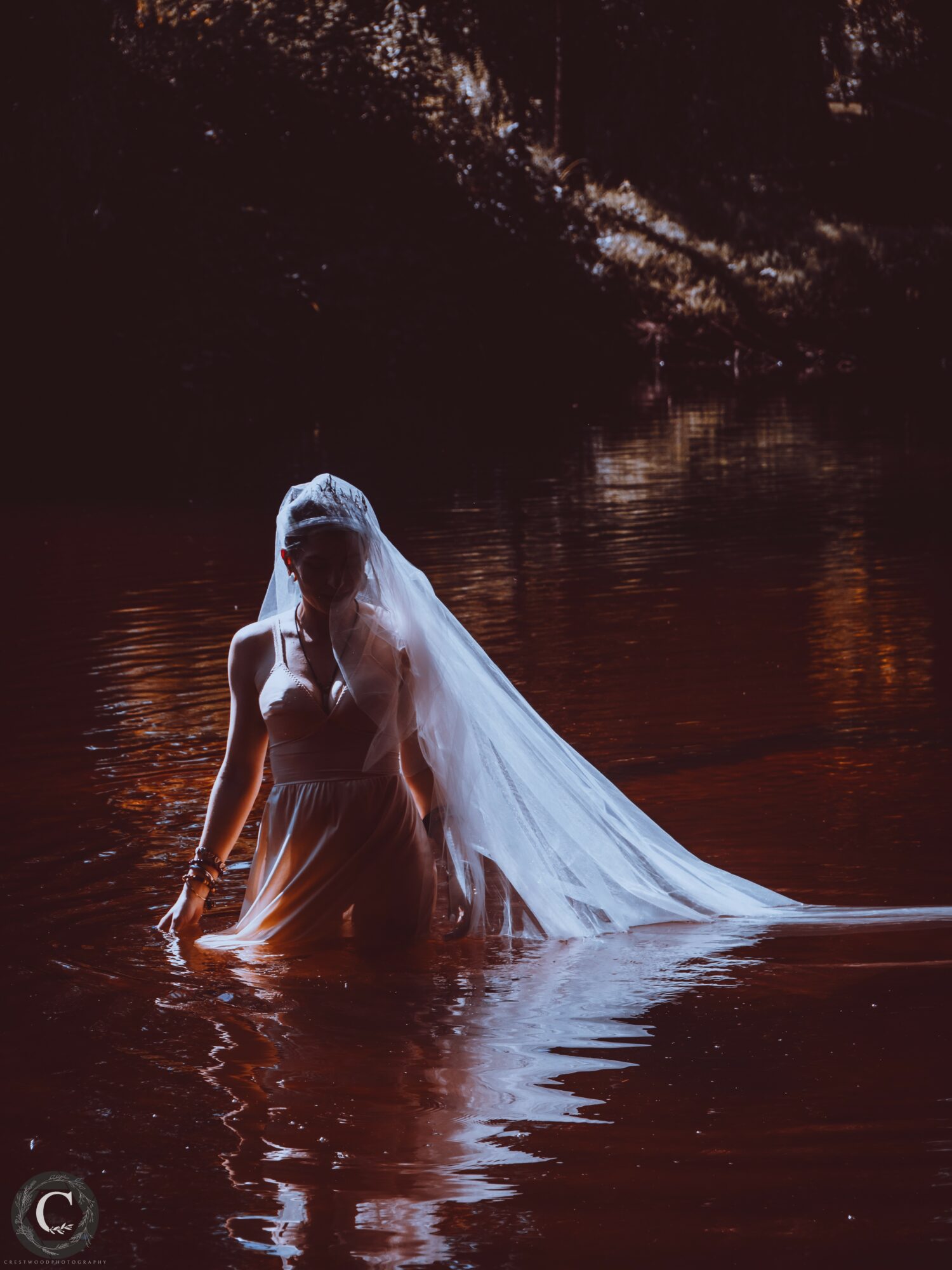 Person wearing a veil and dress standing in water at night, with dark trees and reflections in the background.