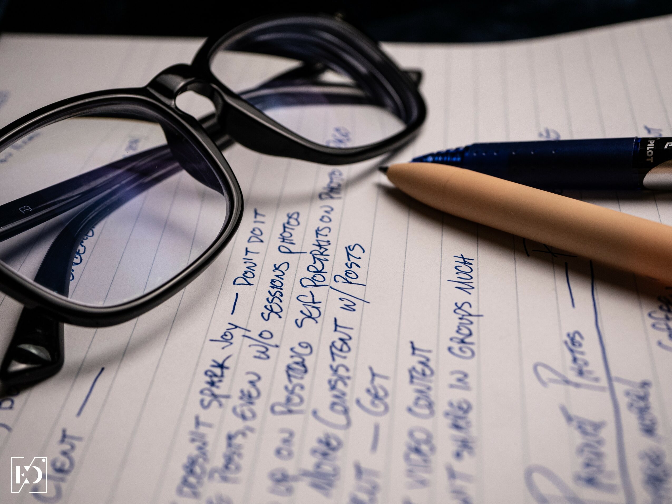 Eyeglasses, a pen, and handwritten notes on lined paper with blue ink, viewed from above.