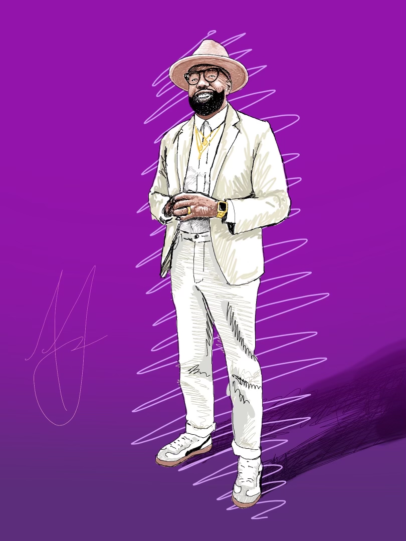 Man in a light-colored suit, hat, glasses, and beard stands with hands clasped against a purple background.