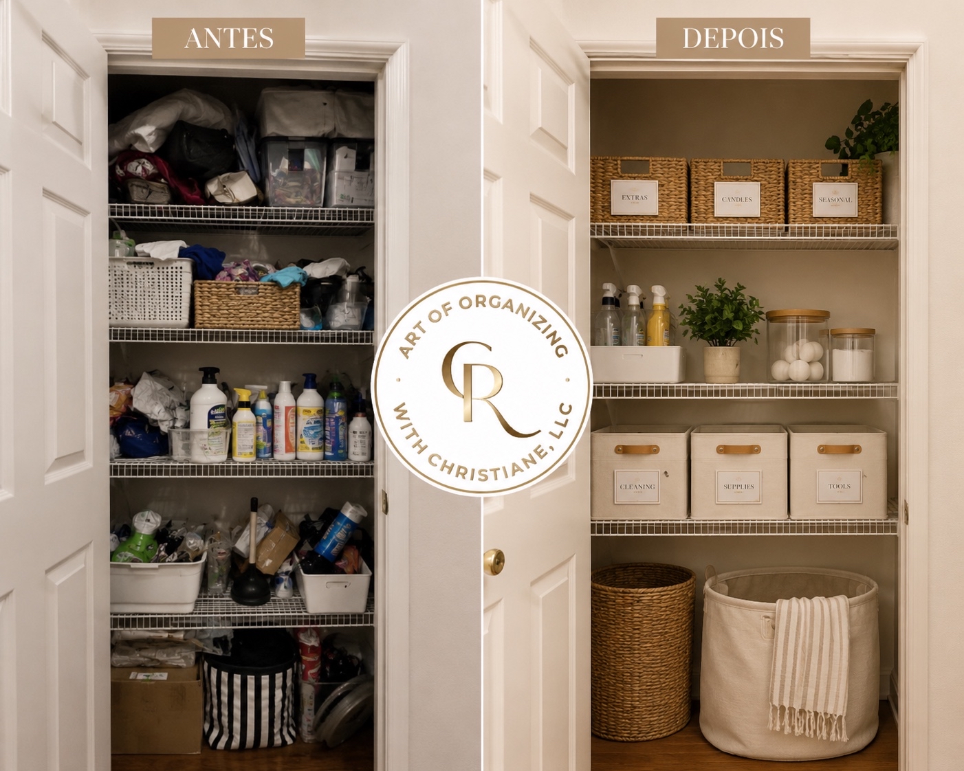 Comparison of cluttered closet before and organized closet after cleaning, with shelves, storage bins, and baskets.