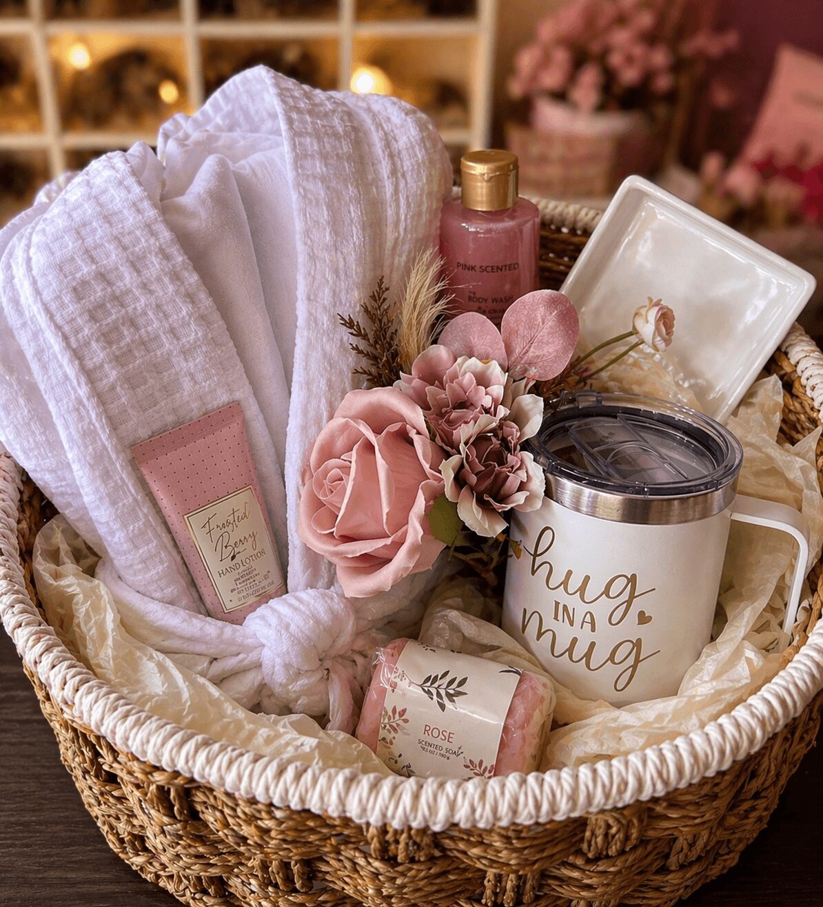 Basket with towels, pink flowers, a mug, soap, and skincare products, arranged on a table with a blurred background.