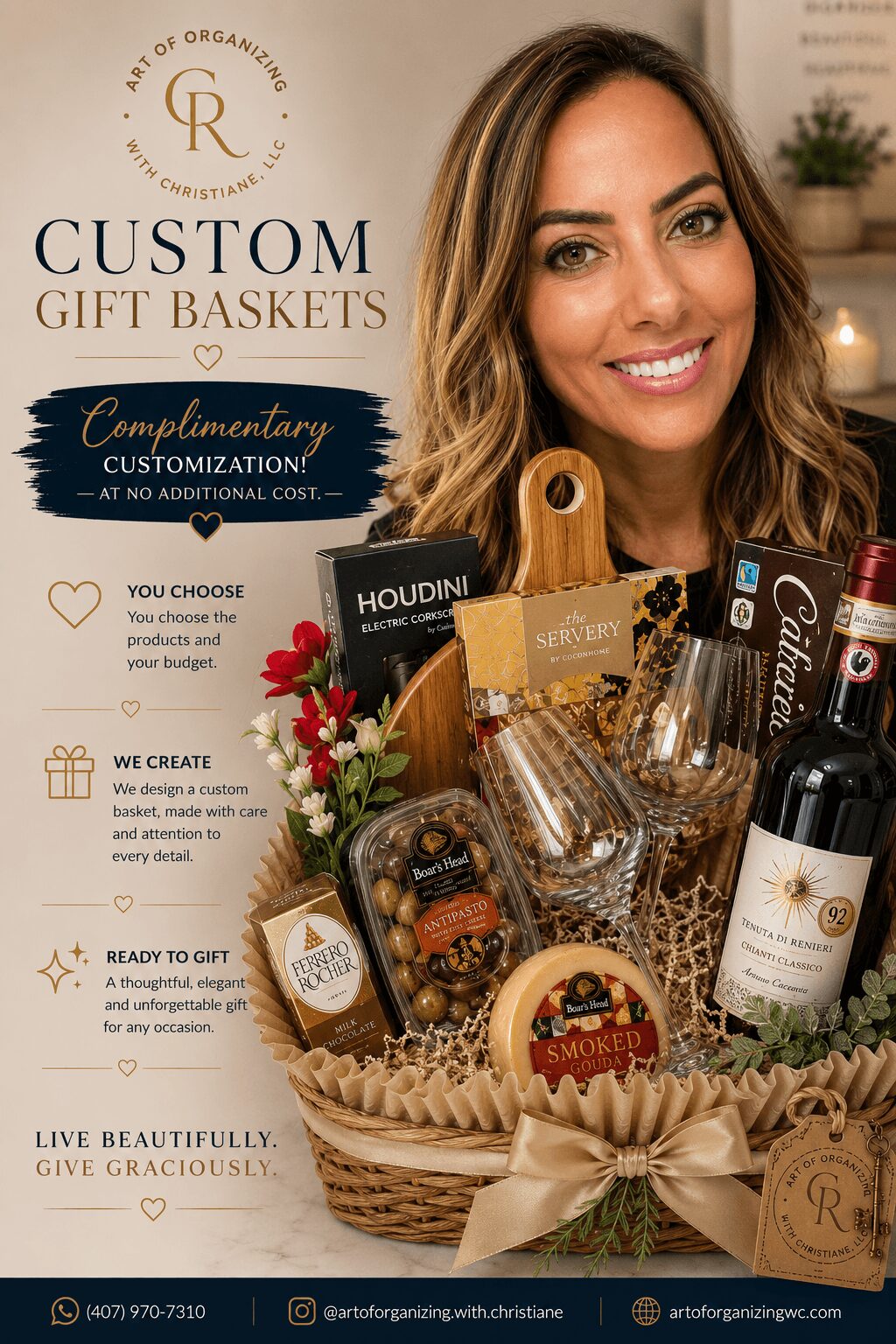 Smiling woman with long hair behind a gift basket filled with wine, chocolates, and flowers, in a cozy setting.