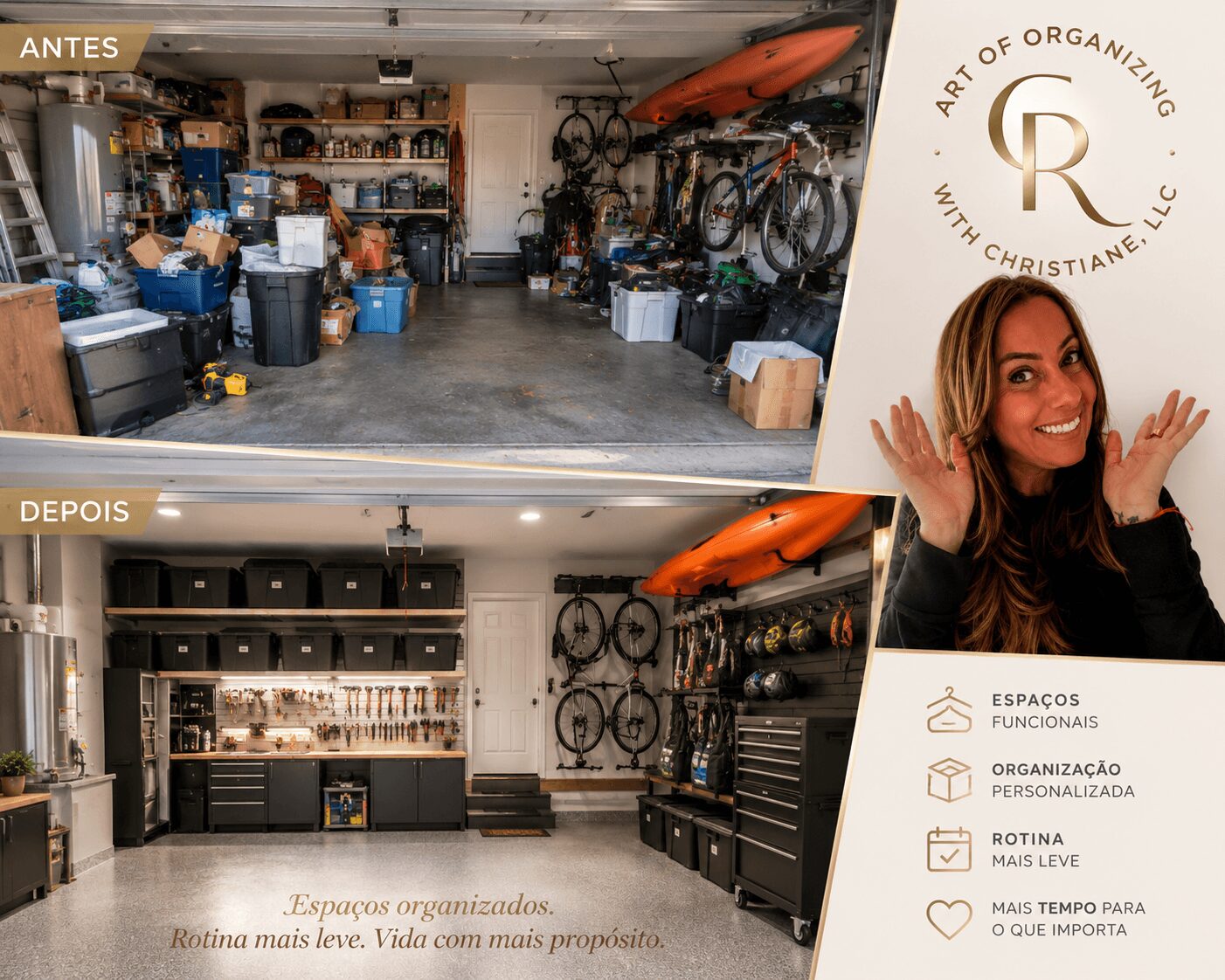 Garage transformed into organized workspace with shelves, cabinets, and a woman smiling near a sign, after renovation.