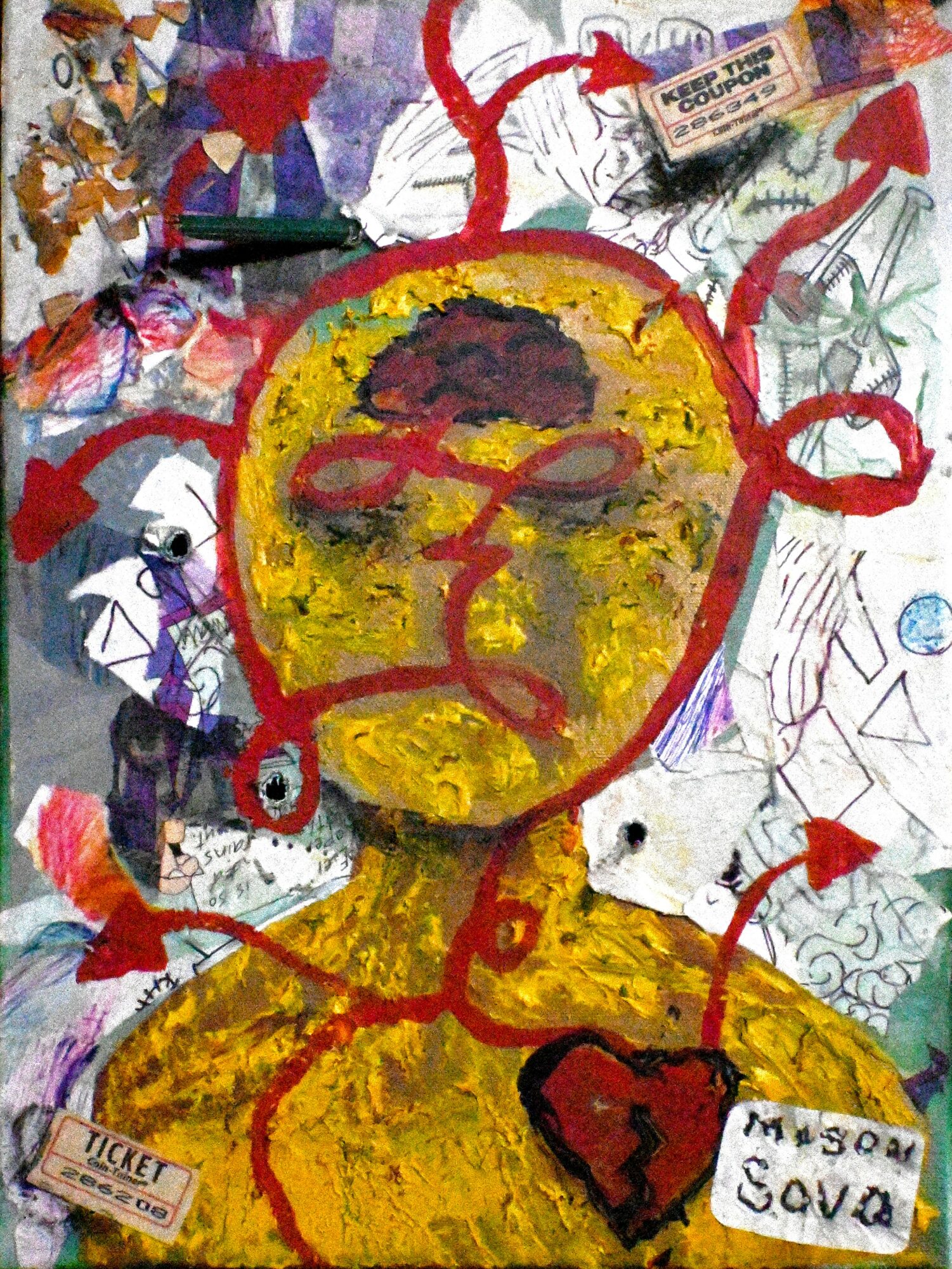 Colorful abstract drawing of a yellow figure with a red heart, surrounded by various scribbles and tags, including a ticket and a note.