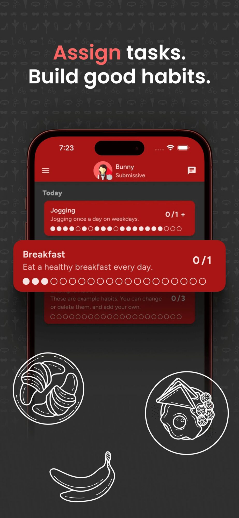 Smartphone screen displays task management app with habits and goals, with icons of a hand and a banana below. Word 'Assign' highlighted.