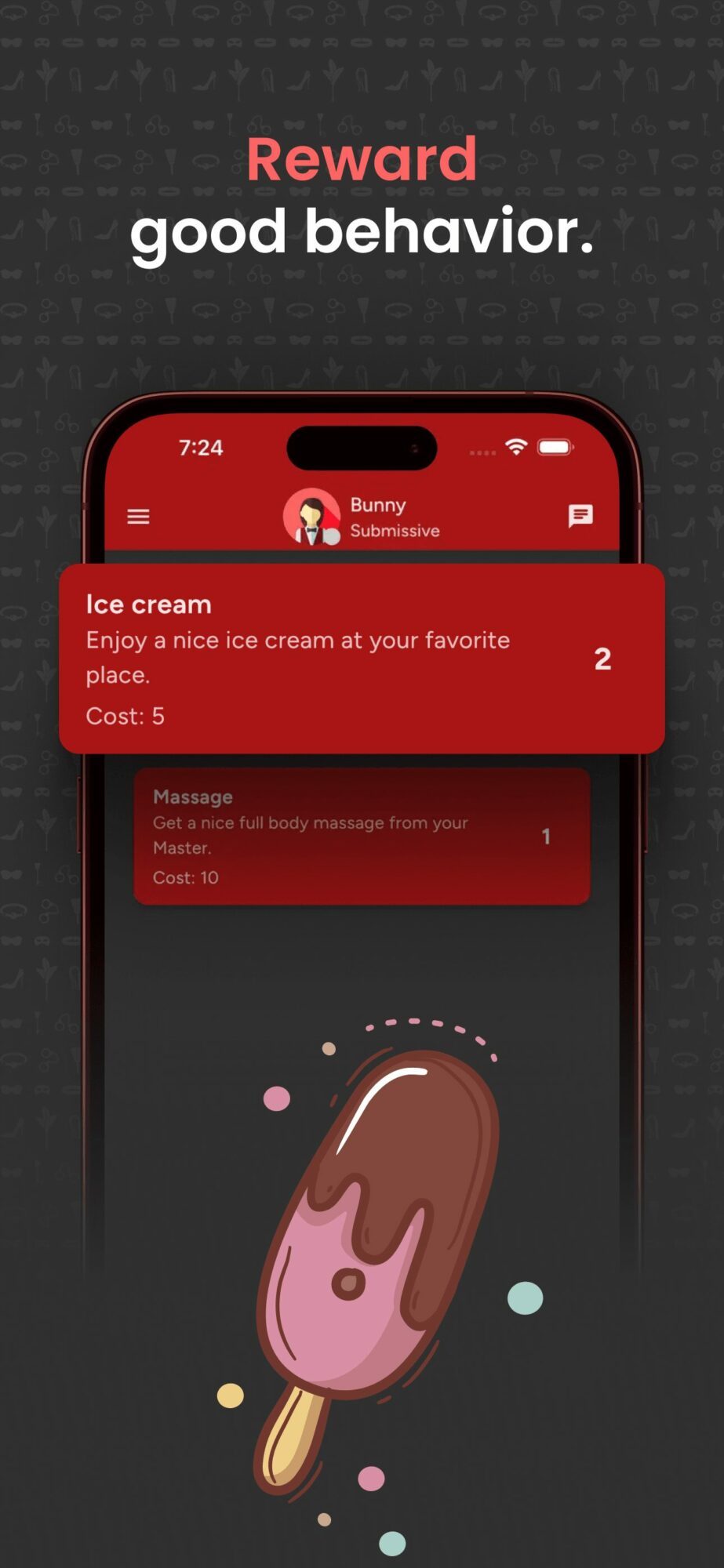 Smartphone screen displays a reward message for good behavior, with an ice cream illustration and a red notification bar.