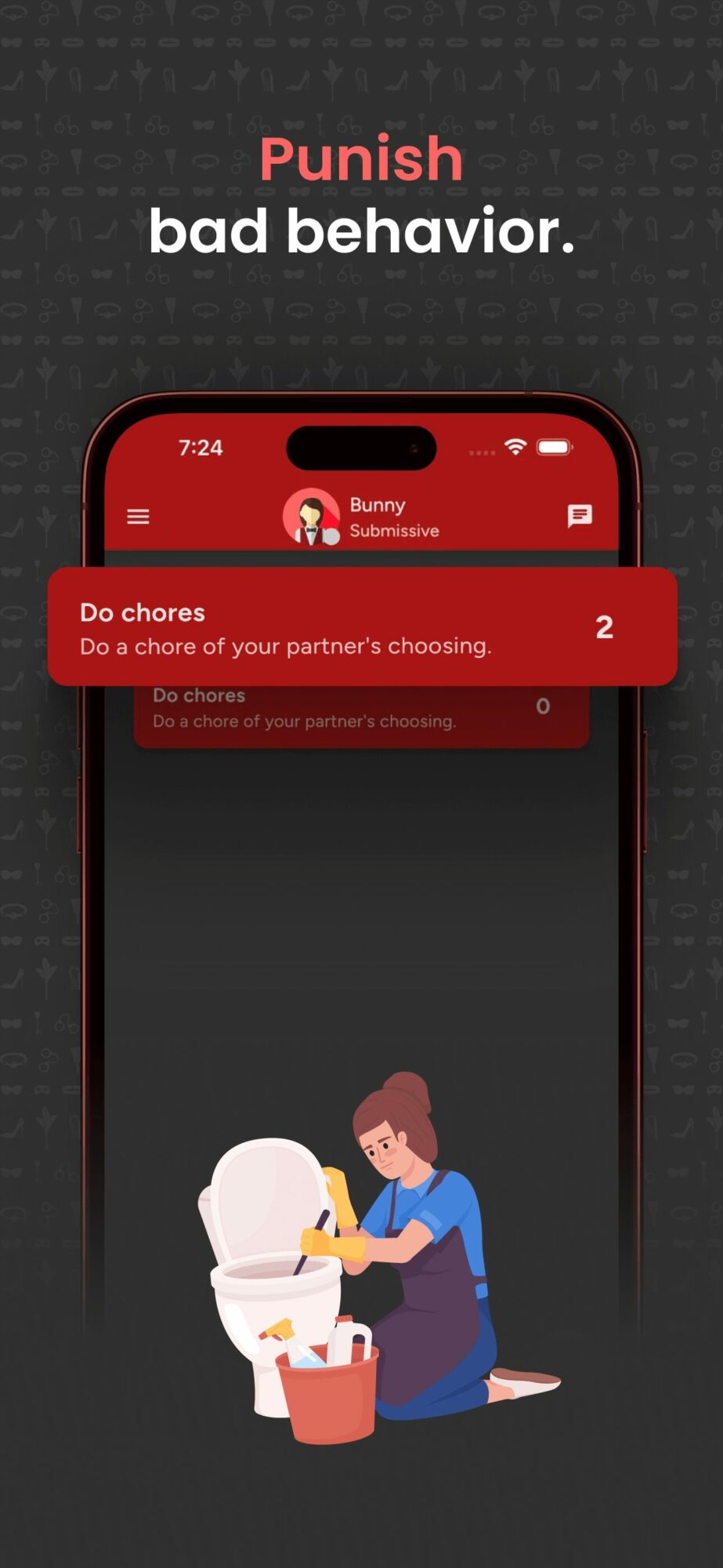 Mobile app screen showing a person disciplining a bunny with a red do chores checklist, dark background, and text about punishing bad behavior.