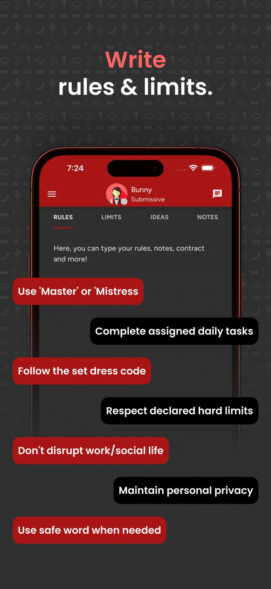 Smartphone screen displaying rules and guidelines with red and black text, icons, and a navigation bar at the top.
