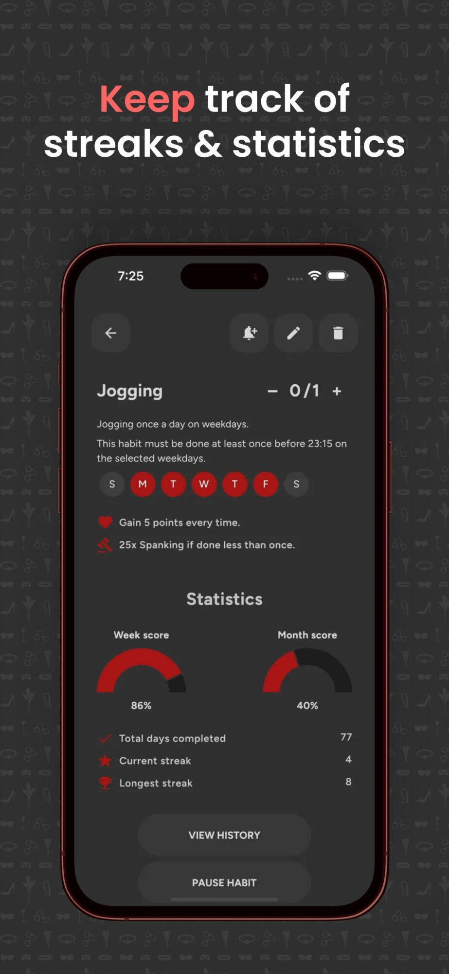 Smartphone screen displays a fitness app with statistics and a message about tracking streaks and statistics.