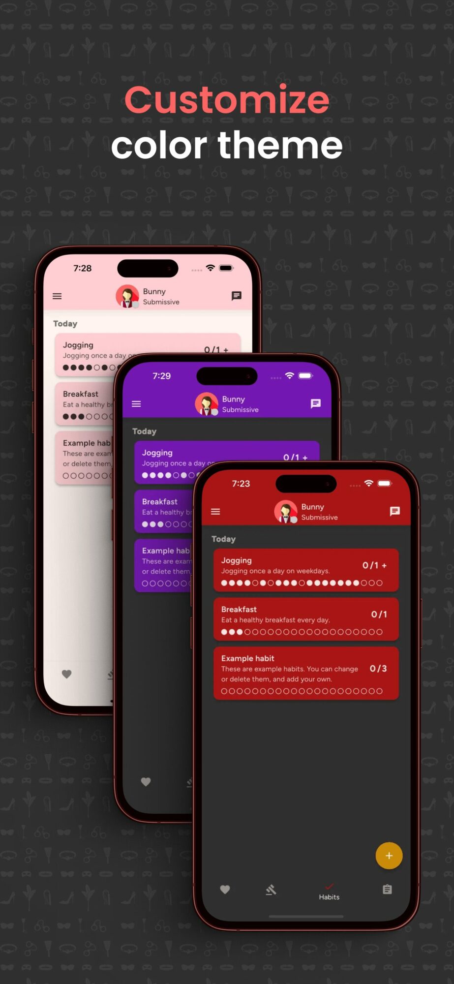 Four smartphones display different color themes, with text 'Customize color theme' above, on a dark background.