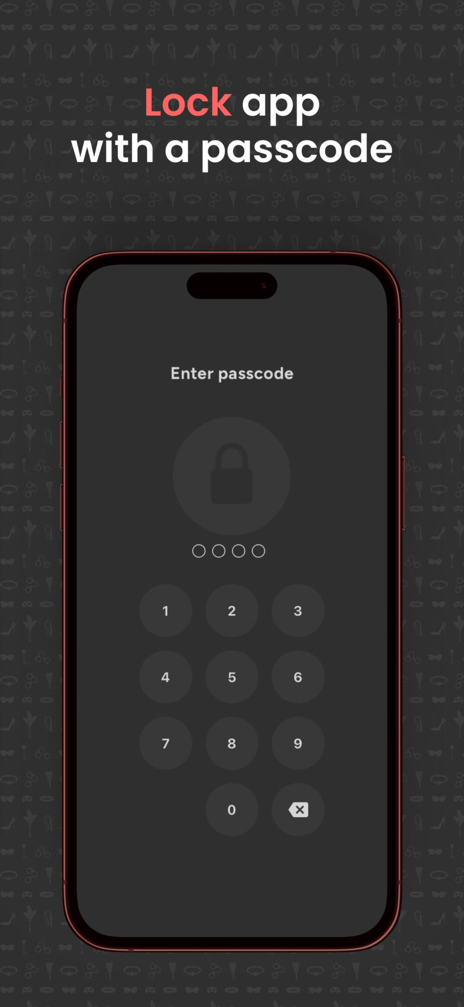 Smartphone screen displaying lock app with passcode entry, dark background, and text 'Enter passcode'.