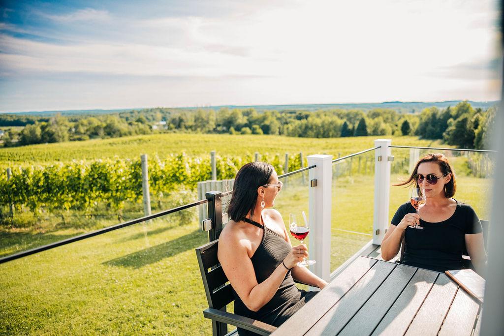 Two women sit at a table outdoors, enjoying drinks with a vineyard and landscape in the background, under a sunny sky.